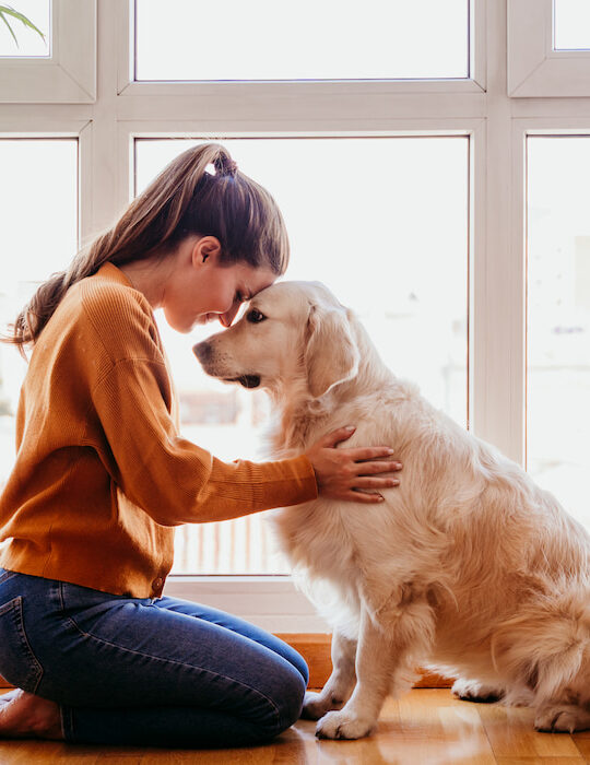beautiful woman with her dog in apartment