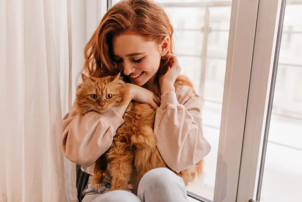 girl smiling on her fluffy brown cat while sitting by the window