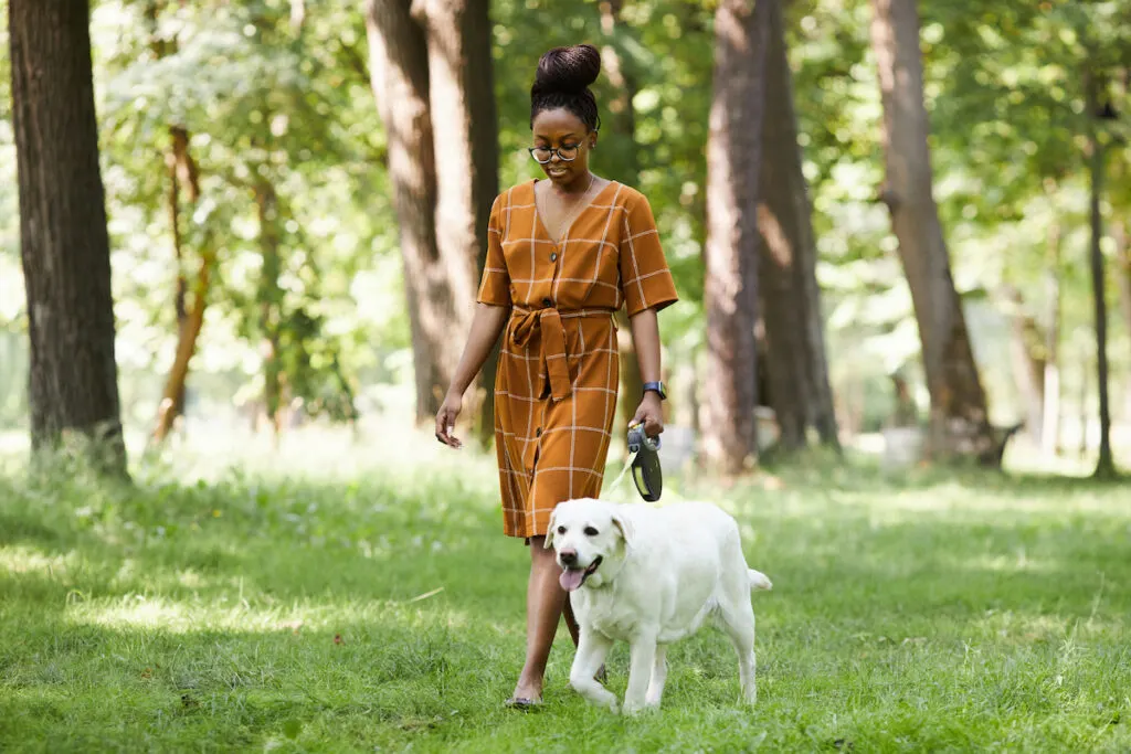 woman walking her dog in the park during summer