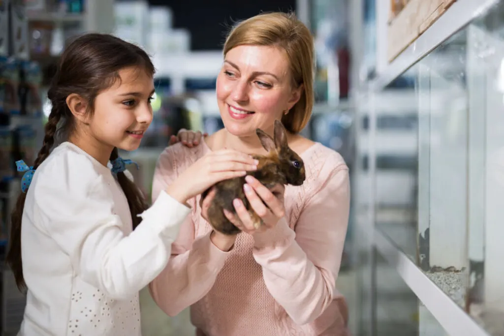 a mother supervising her child while touching the rabbit