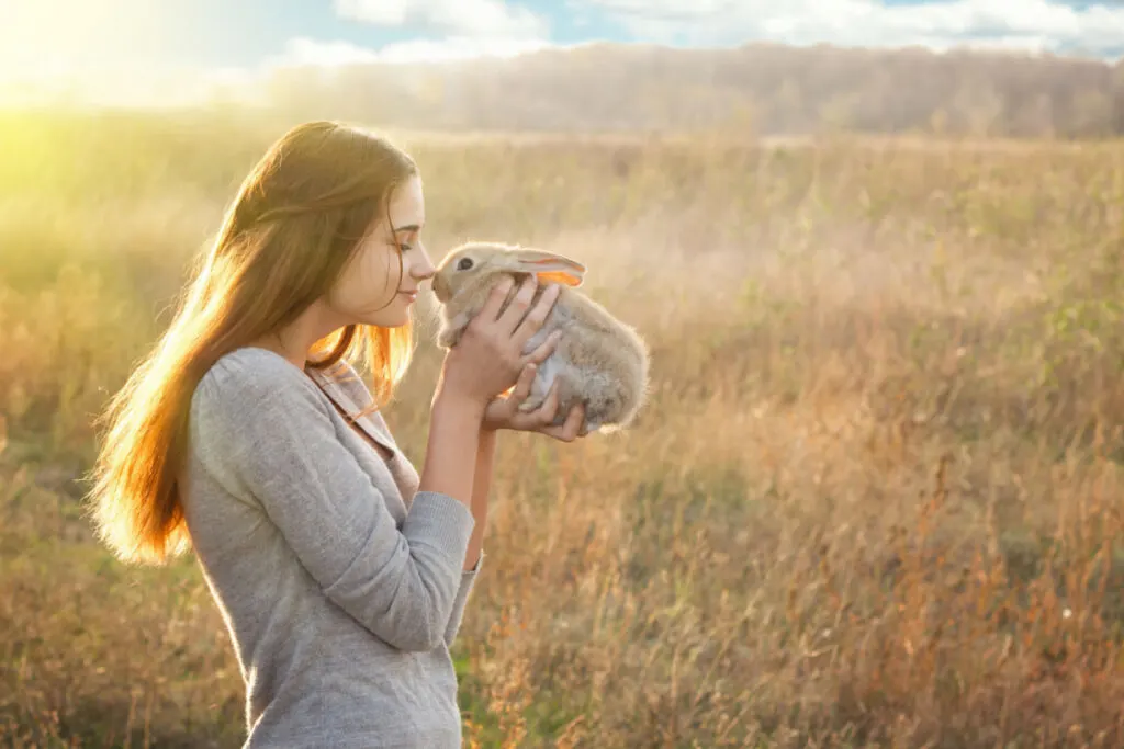 a pretty girl kissing her bunny during sunrise