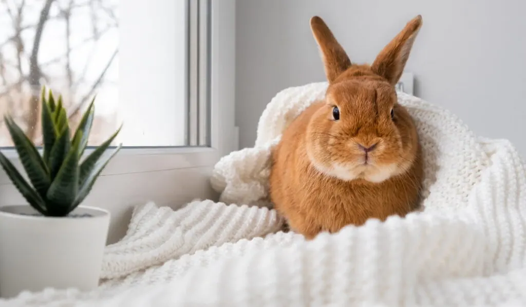 Cute brown little bunny rabbit lying on plaid on windowsill indoors near window