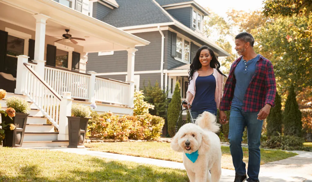 Couple Walking Dog Along Suburban Street
